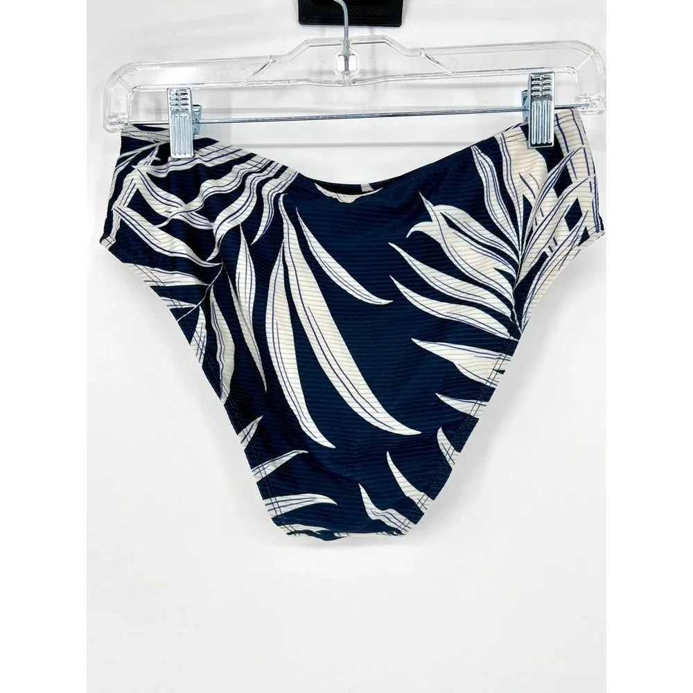NWT Cupshe Womens M Navy Blue White Tropical Palm Leaf Ribbed Bikini Bottoms‎